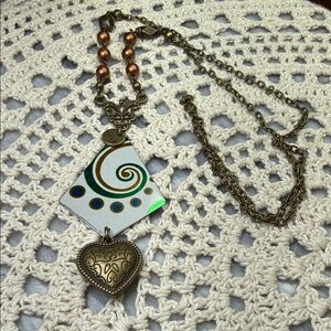 vintage tin spiral of love & Bronze Heart Pendant & glass beaded Necklace